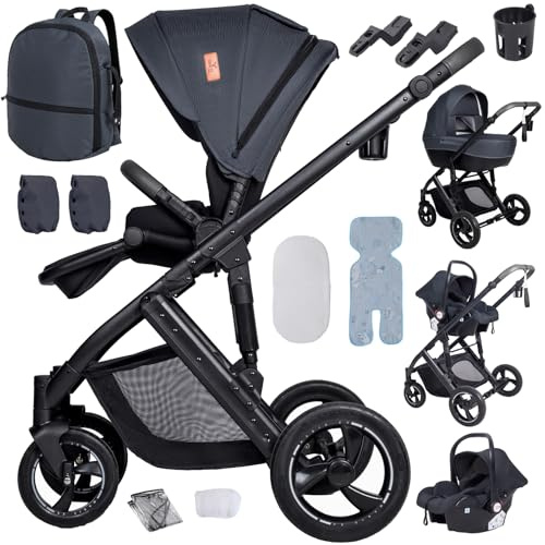 4-in-1 Kinderwagen mit verstellbarem Sitz, Reisesystem mit Liegefunktion und Wendefunktion, 3-teiliger One-Click-Klappkinderwagen, Buggy mit komplettem Zubehör, Doppelbremse vorne und hinten