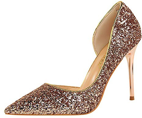 Life&Women Damen Spitze Geschlossene Zehen Stilettos högklackade 9,5 cm Slip On Kleid pumps högklackade pumps för fest Hochzeit Nachtclub, Vassigt guld, 36.5 EU