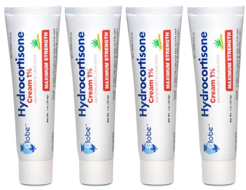 Globe (4 Pack) Hydrocortisone Maximum Strength Anti-Itch Cream 1% w/Aloe, Intensive Formula for Redness, Rash, Bug & Mosquito Bites, Eczema, Hemorrhoids, Sensitive Skin, Instant Itch Relief,1 oz Tube
