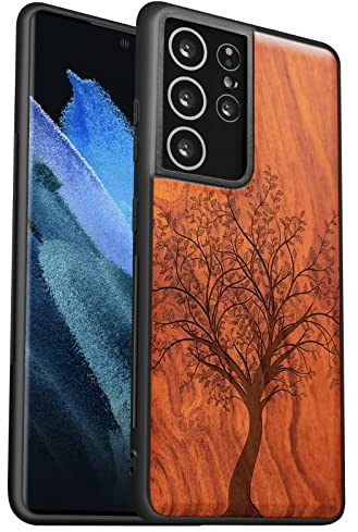 Carveit pour Galaxy S21Ultra Étui de Coque [Unique Rosé ] [Personnalisé Bois] Protection de Téléphone Antichoc Compatible avec Samsung S21Ultra Coque (Arbre feuillu)