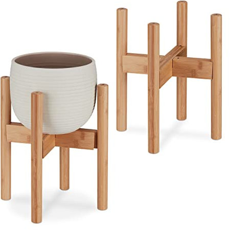 Relaxdays Pflanzenständer, Bambus Blumenständer im 2er Set, für Blumentöpfe bis 32 cm Ø, verstellbar & stapelbar, Natur