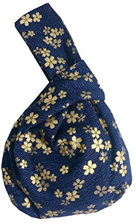 Borsa da polso in cotone alla moda con motivo kimono giapponese, borsa tote con nodo, borsa portatile da donna (fiori di ciliegio blu)