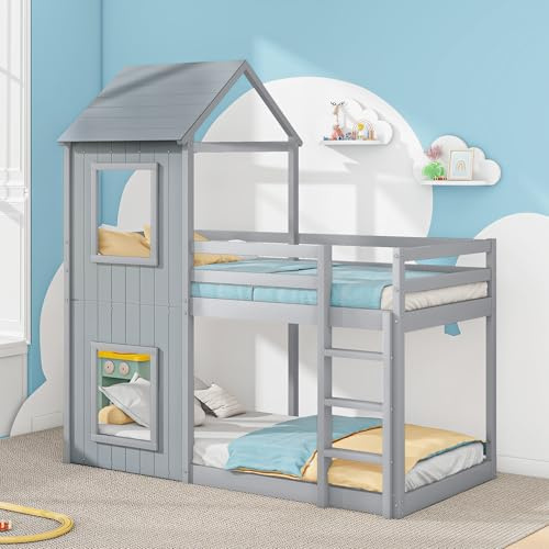 Merax Litera con escalera, cama alta para niños, con protección contra caídas y somier, cama de madera para niños y niñas, cama de juego con dosel, 200 x 90 cm, color gris