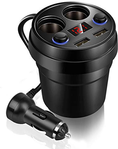 Car Charger Cup Holder, Dual USB Phone Charger Wireless Charger, 80W Fast Charging, 12V-24V Car Charger Adapter, Cigarette Lighter Splitter Power Adapter for GPS Dash Cam