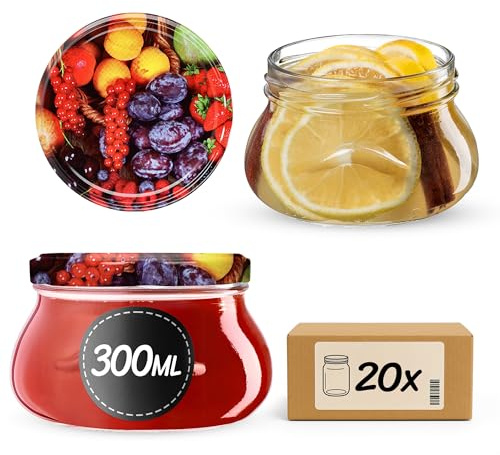 KADAX Lot de 20 bocaux en Verre 300ml Ø82 – Couvercle Twist-Off hermétique TO82 – pour confitures, conserves, cornichons, Miel & Fermentation
