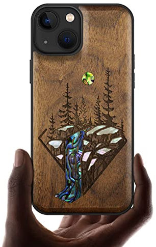 Carveit Coque magnétique pour iPhone 13 Étui de Protection TPU [Gravure en Bois et Incrustation de Coquille] Coque Compatible avec 13 Coque Magsafe Case (Noyer-Paysage des Chutes)