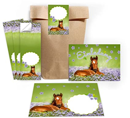 Minkocards 12 Einladungskarten zum Kindergeburtstag Mädchen Pferd incl. 12 Umschläge, 12 Partytüten/natur, 12 Aufkleber Einladungsset