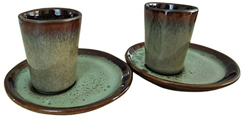 PintoCer - Juego de Tazas para Café Espresso en Ceramica de Gres sin Asa (Verde/Verde, 2)