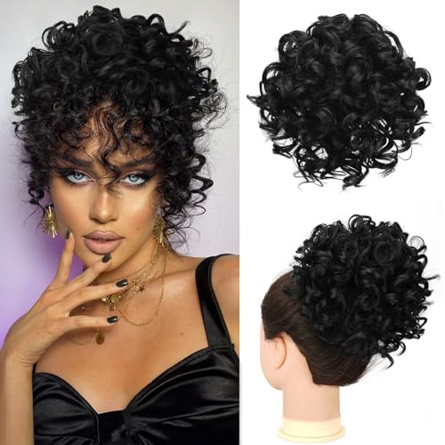 RUWISS Messy Bun Kurze lockige Pferdeschwanzverlängerung Elastischer Kordelzug Lose Haare Bun Haarteile für Frauen Updo Haarverlängerung (80g Natürlich Schwarz)