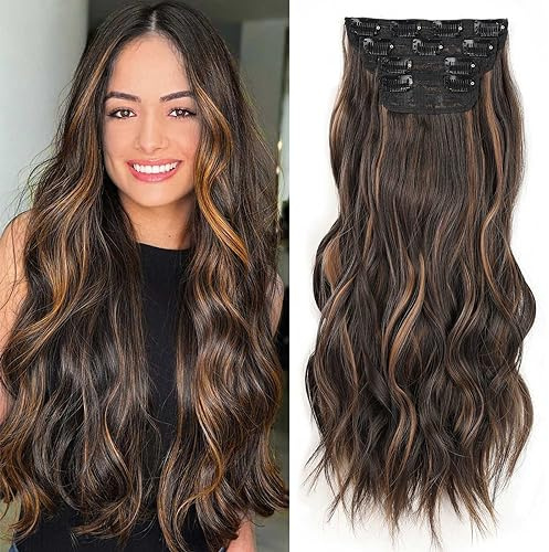 Xtrend 50 cm mörkbrun gloden Wavy Hair Extensions Clip in hårförlängningar syntetiska hårstycken för kvinnor flickor 4 st fullt huvud set tjockt lockigt hår hårförlängning (2H426) ..