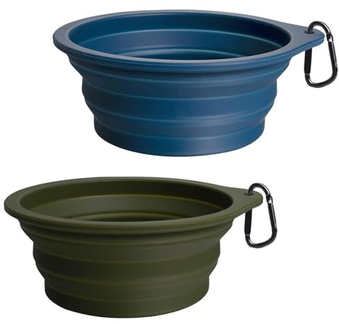 PetBonus 2-pack stora silikonhopfällbara hundskålar, 1000 ml BPA-fria portabla hopfällbara resekoppar för husdjur katt, mat- och vattenmatskål för camping med 2 karbinhakar (armégrön, marinblå)