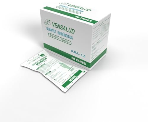 VENSALUD Einweghandschuhe aus Latex, steril, puderfrei, A.Q.L 1.5, für Labor, Gesundheitswesen, Tierärzte, medizinische Untersuchung, 100 Stück, 50 Paar, Weiß (7)