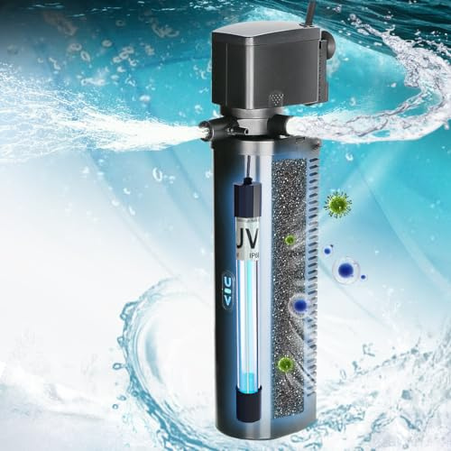 Aquarium Filter for 75-200 Gallon Tank, U-V Fish Tank Green Clean Machine Submersible Powerful Pump Canister Filter 300GPH for Pond Turtle Tank Saltwater Freshwater Crystal Clear Green Killing