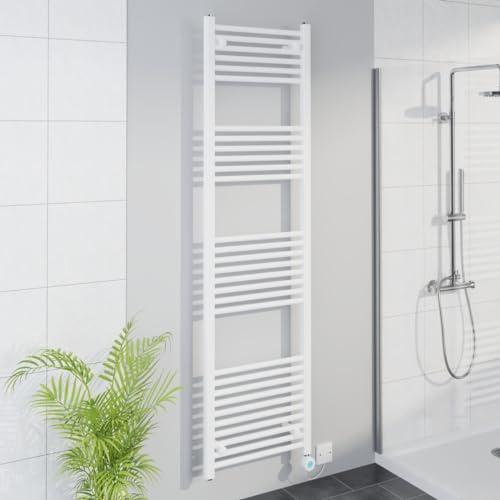 Warmehaus WiFi Electric Bathroom Straight Radiator Timer 1800x500mm White | Thermostatic, Smart LCD Display, Child Lock, T Piece, Prefilled, Electric Heated Towel Rail Warmer, Energy Efficient