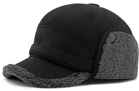 MUYAN Baseball Cap mit Ohrenklappen Herren PU Leder Schirmmütze mit Nackenschutz Winddicht Warm Wintermütze (Wildleder Optik- Schwarz - 58cm)