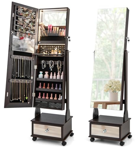 COSTWAY Schmuckschrank mit 3 Spiegeln, Schmuckspiegel verstellbar mit Schublade & Rollen & Leuchten, Spiegelschrank Schmuck abschließbar für Ketten Ohrringe Schminke, 42x35x159cm (Braun)