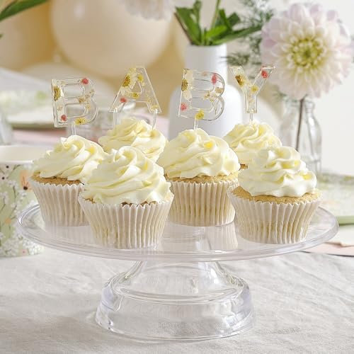 Cupcake Toppers BABY Kuchen- & Muffinstecker für Babyparty Taufe & Geburt aus Kunststoff & Trocken-Blumen 4 teilig Höhe: 9,2cm