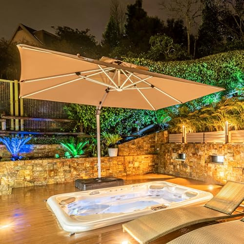 PURPLE LEAF Parasol Déporté 3 x 3 m Beige avec LED et Pied Rotatif 360°