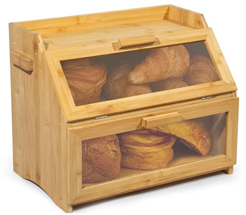 GREELUE Bambus Brotkasten mit Belüftung, Großer Brotbox, 2 Etagen und Sichtfenster, Holz Brotbehälter für Hörnchen, Brötchen, Brotaufbewahrung Küche (Bambus)