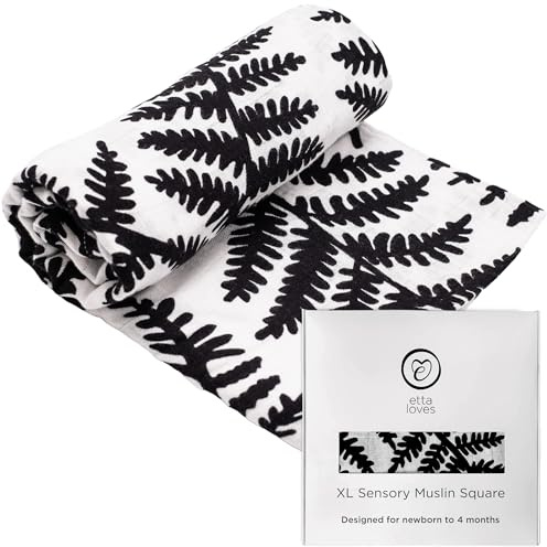 Etta Loves Extra großes Musselintuch mit Farn-Druck, schwarz-weiß, sensorisches Musselin-Quadrat, Mehrzweck-Baby-Essentials für Neugeborene bis 4 Monate (1er-Pack)