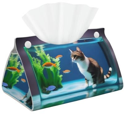 Rechteckige Taschentuchbox mit Katze im Aquarium, aus PU-Kunststoff, für Nachttisch, Esstisch, Auto, Schlafzimmer, Büro, Wohnzimmer