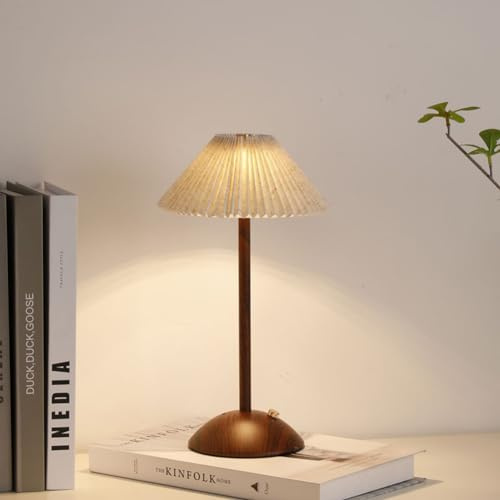 Starnearby Dimmbare Vintage Tischlampe mit Holzsockel, LED Akku Tischleuchte USB-C Wiederaufladbar, Retro Plissee Lampenschirm Tischlampe für Nachttisch, Schlafzimmer (Reispapierlampenschirm A)