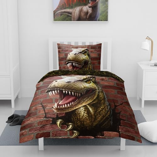 Familando Dinosaur Bed Linen for Boys 135 x 200 cm 80 x 80 cm · Dino Bed Linen with Zip Children's Bed Linen Made of 100% Cotton · with T-Rex and Pattern on the Back (Red)