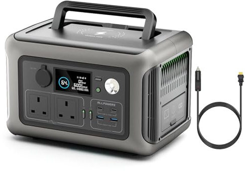 ALLPOWERS Portable Power Station R600 with Car Charging Cable, 299Wh LiFeP04 Battery, <10 ms UPS Power Supply, 1 Hour Fast Charging, Up To 600W Output Solar Generator for Outdoor Camping RVs