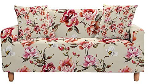 Sofa überwurf Beige Rote Blume Sofa überzug Stretch Sofahusse Sofabezug Ecksofa mit Elastischen Boden Sofabezug L Form Universal Couchbezug Waschbar Couch überzug 4 Sitzer