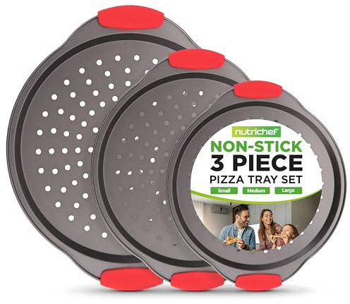 Nutrichef Set da 3 Teglie da Forno per Pizza con Manici in Silicone, Teglie Forno Rotonde Antiaderenti in Acciaio al Carbonio, Ideali per Pizze Croccanti, Grigio