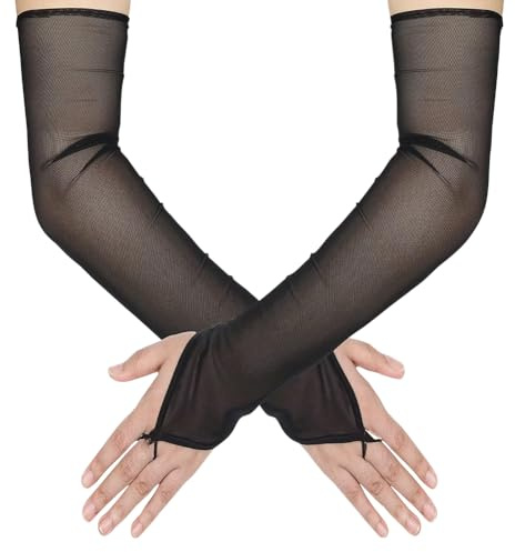 FSSTUD Lange fingerlose durchsichtige Handschuhe, Tüllnetz, Hochzeitshandschuhe, Ellenbogenlänge, Opernhandschuhe, Fäustlinge, Tanzparty, Armstulpen, Schwarz