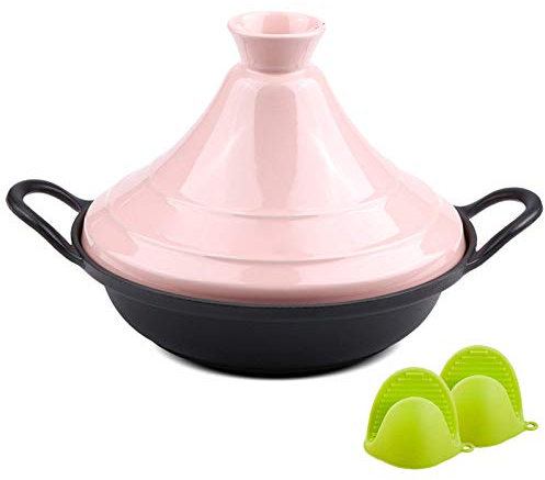 Cast Iron Moroccan Tagine Pot, Casserole Dishes with Lids Cast Iron Tagine Pot, Moroccan Tajine with Enameled Cast Iron Base and Silicone Gloves (Gray)