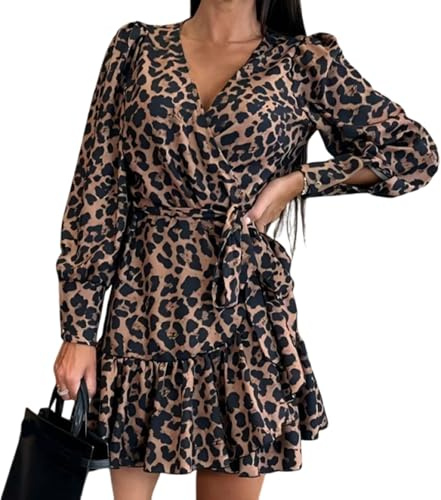 Abito Con Stampa Leopardata E Scollo A V, Mini Abito Leopardato Da Donna, Abito Corto Avvolgente Casual Da Spiaggia Con Scollo A V E Balze, Con Cintura (L,Leopardo)