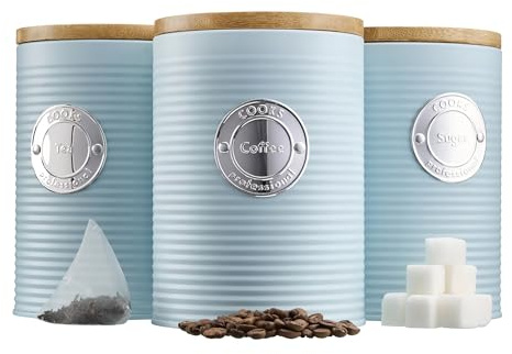 Cooks Professional 3 Piece Ribbed Tea, Coffee, & Sugar Cannisters with Air-Tight Bamboo Lids | Stainless Steel Kitchen Storage Bin Set | Modern & Stylish | Blue & Silver
