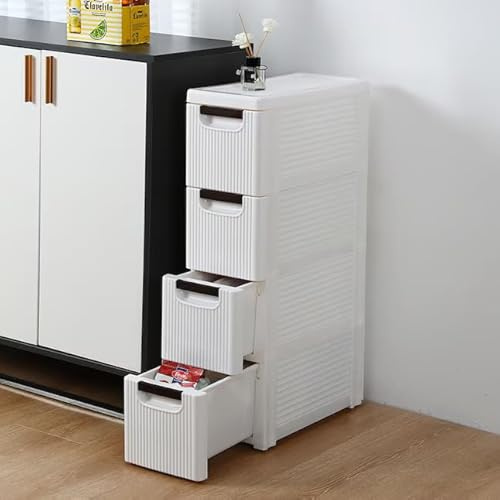 C·Kalosa Badezimmerschrank schmal, Badschrank, Beistellschrank mit 4 Schubladen, 42x19x75 cm, für Badezimmer, Wohnzimmer, Esszimmer, Küche, modern, weiß