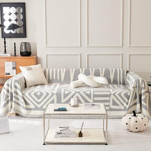 DREAMLANDING Sofa Covers Soft Durable Chenille Sofa Couch Covers Slipcovers Furniture Protector with Tassel for 1 2 3 Seater Loveseat L-shape Corner Futon Sofas for Dog(Boho Grey,180x340cm)