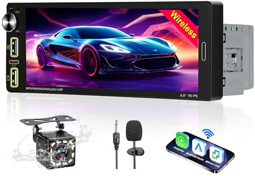 Bluetooth Autoradio 1DIN kompatibel mit Wireless CarPlay und Android Auto, 6.9’‘HD Touchscreen Player, Mirror Link/FM/AM/RDS Radio/Bluetooth Freisprecheinrichtung/Typ C/Mikrofon mit Rückfahrkamera
