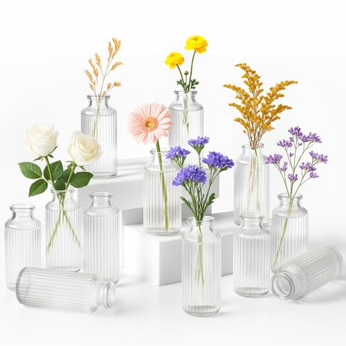 Toemics 12 Pack Mini Ribbed Glass Bud Vases Small Clear Vases for Flowers, Bulk Table Centerpieces for Wedding, Home Decor, Housewarming Gift