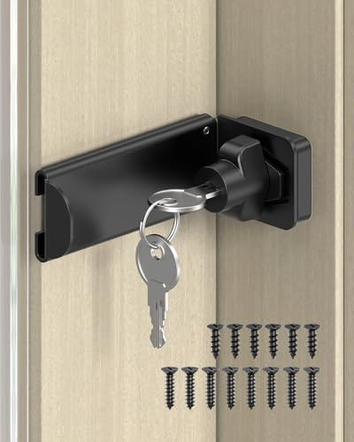 MeBantoo 90 Degree Door Hasp Latch Lock, Home Security Right Angle Latch, Sliding Barn Door Lock for Gate, Bedroom, Fence, Garden (Black, 3.3 Inch with Key-1 Pc) | 3.3 Inch Home Security Right Angle Latch, Sliding Door Lock for Gate, Bedroom, Fence & Garden