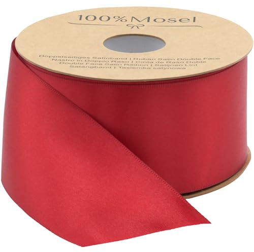 100 % Mosel - Cinta de raso, en rojo (50 mm x 24 m), cinta de regalo brillante mate, elegante cinta de lazo para decorar y manualidades, para envolver regalos especiales, para bodas, Navidad, etc.