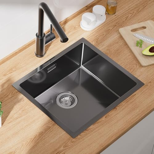 CECIPA Lavello Antracite Nero 50x44cm, Lavello Cucina in Acciaio Inox Angolare, Lavello Cucina Moderno in Acciaio Inox, Lavello da Incasso Piccolo, Lavabo Cucina da 50cm con Piano di Appoggio, 1