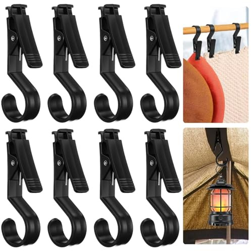 8PCS Ganci con Molletta per Campeggio Ganci Appendibili Multiuso per Lampada Asciugamani Tenda - Ganci per Biancheria da Esterno/Interno（Nero）