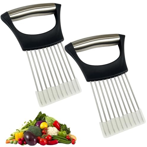 Kitchen Gadgets 2025 New, 2 Pack Onion Slicer and Holder for Slicing, Onion Cutter with Sturdy Needles, 9.4 x 14 cm