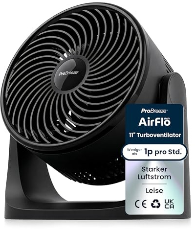 Pro Breeze AirFlo Mini Tischventilator – Leiser Turbo Ventilator mit 3 Stufen, 90° Neigung und kraftvollem Luftstrom bis 4,2 m/s, kompakt für Schreibtisch, Schlafzimmer & Büro