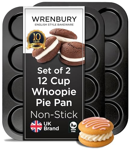 Wrenbury Nonstick Whoopie Pie Pan 12-Cup Set of 2 - Carbon Steel Shallow Baking Tray for Muffin Tops Macarons Cookies Yorkshire Puddings Cornbread & Burger Buns