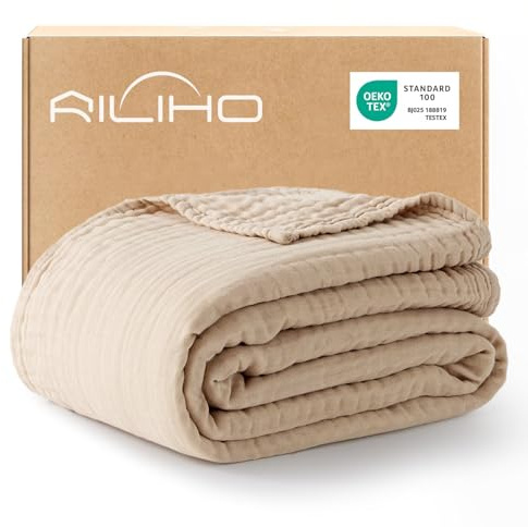 RILIHO musselindecke Adult 127 x 152, 100% Baumwolle, Sommer Decke, atmungsaktive Gaze-Decke alle Jahreszeiten, weich und leicht, Wohndecke Couch Decken, bettdecke, Naturbeige