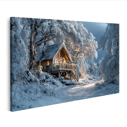 islandburner Bild auf Leinwand Gemütliches Holzhaus in verschneiter Winterlandschaft - Edition J1