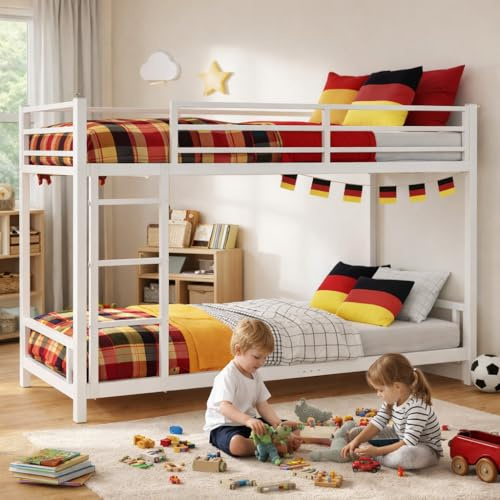 NordicLume Metall-Etagenbett 90x190 cm, Weiß – Stabiler Doppelstockbett Rahmen bis 180 kg, Sicherheitsgeländer & Leiter beidseitig, Geräuschfrei (Weiß)