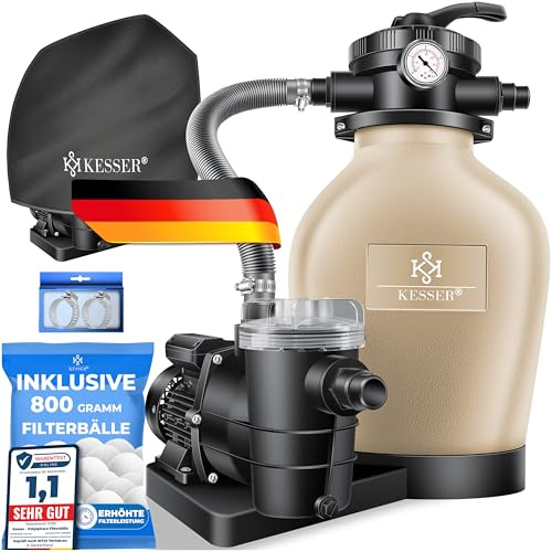 KESSER Filtro de arena + bolas de filtro de 700 g para reemplazar 25 kg de arena de filtro de 7 vías, válvula con indicador de presión, filtro de piscina de 10 m³/h, sistema de filtro para piscina de