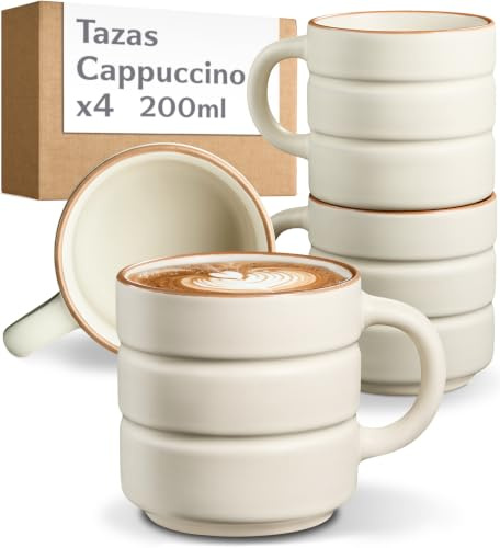 Cosumy Cappuccinokoppar Set om 4 Beige - Keramik Kaffekoppar 200 ml | Stapelbar Kopp med Handtag - Tjocka Väggar Håller Kaffet Varmt - Keramik Disk- & Mikrosäker